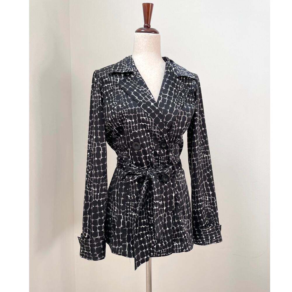 y2k Abstract Belted Trench Jacket Womens M Black White Geometric Print Wrap Coat